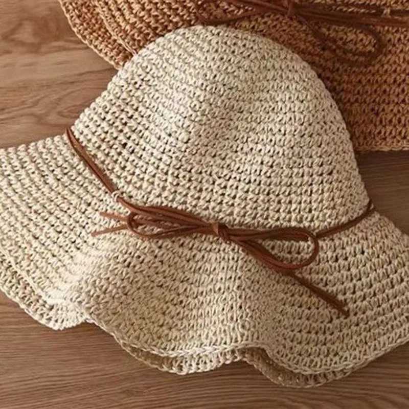 New Arrival Fashion Sun Straw Hat Women Crochet Womens Seaside Foldable Weave Wide Brim Real Cap Floppy Trilby Bow Summer Beach Sun Hat U250616