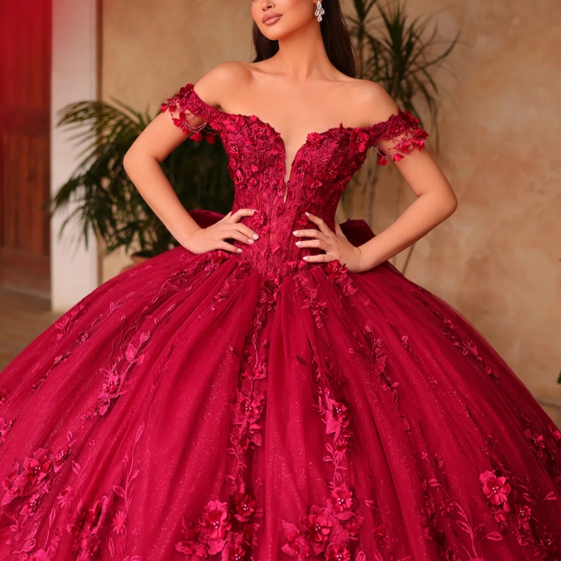 Red Quinceanera Dresses Ball Gown Off The Shoulder Applique Flower Beading Bow Tull Sweet 16 Dress Vestidos 15 De Anos