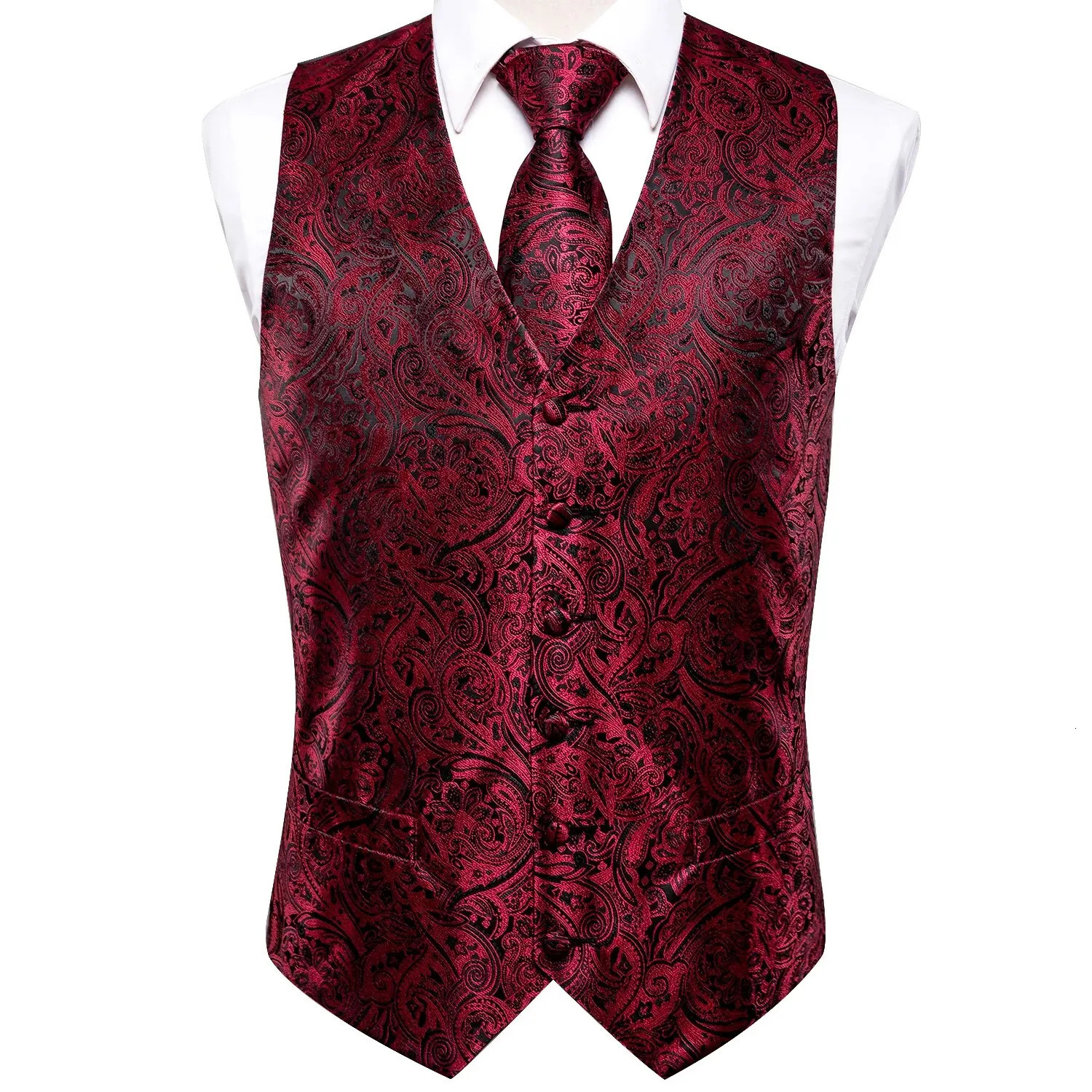 Hi-Tie 4PC Silk Mens Vest With Tie Hanky Cufflink Business Formal Dress Slim Sleeveless Jacket Burgundy Paisley Suit Waistcoat 250614