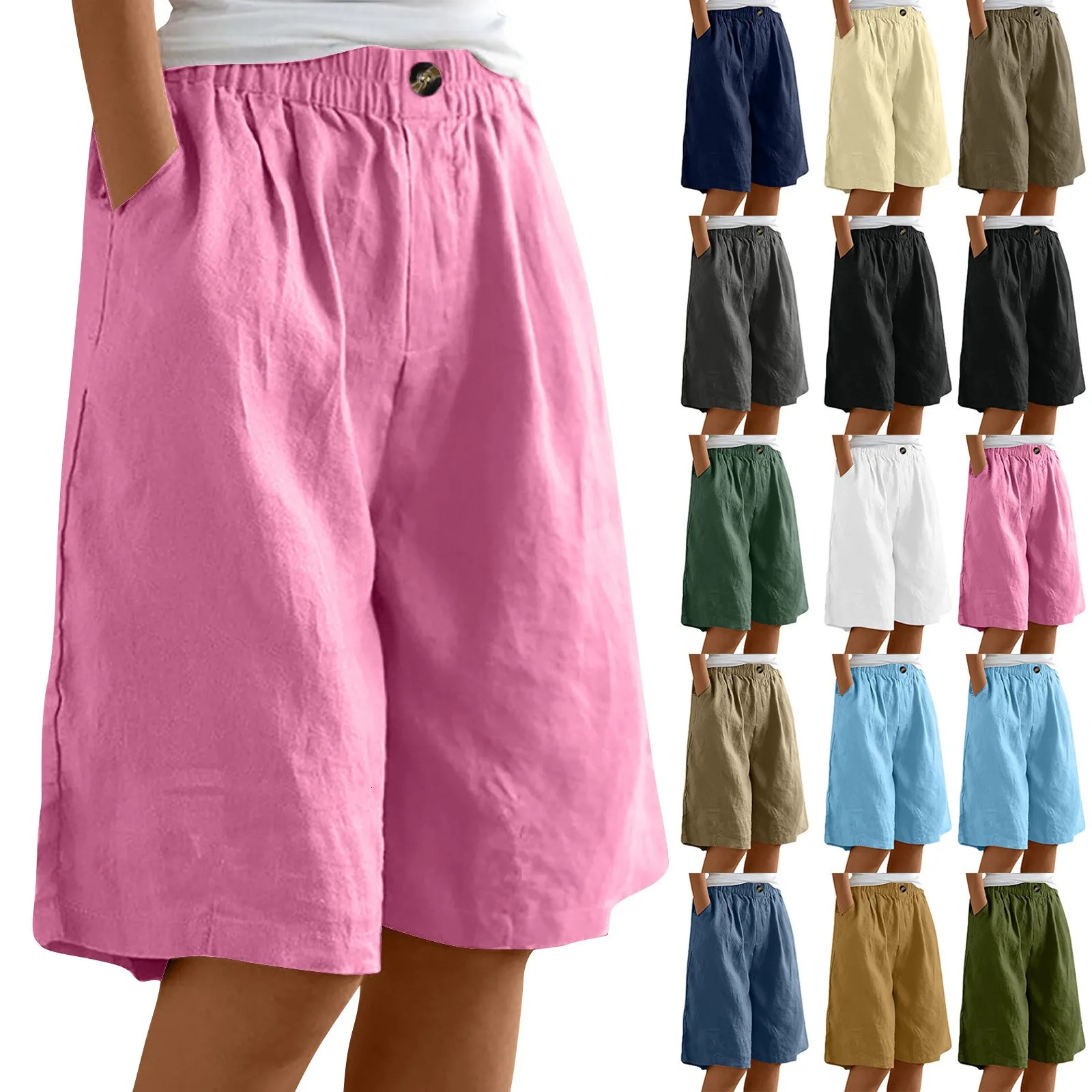 Womens Fashion Solid Color Pants Pocket Button Up Capris Loose Elastic Waist Cotton Linen Shorts 250614