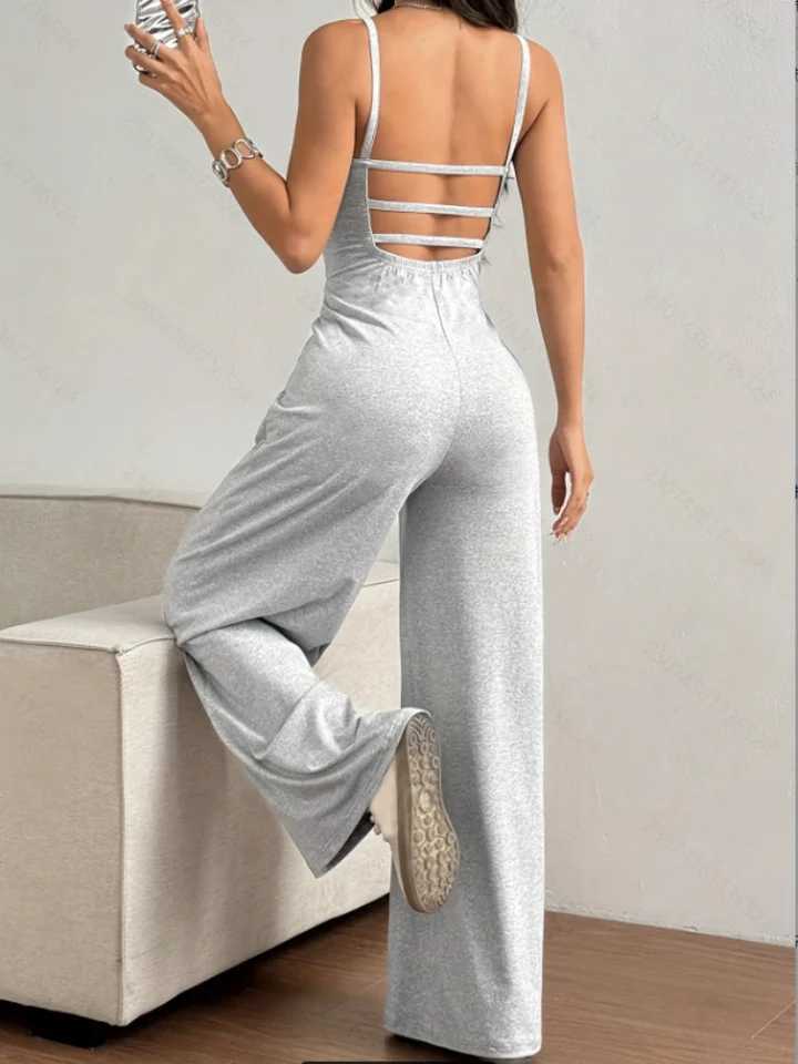 Womens Casual Halter Jumpsuit Spring and Summer Daily Solid Slim-Fit Backless Sveless Jumpsuit Ladys Floor-Length TrousersXJ250616