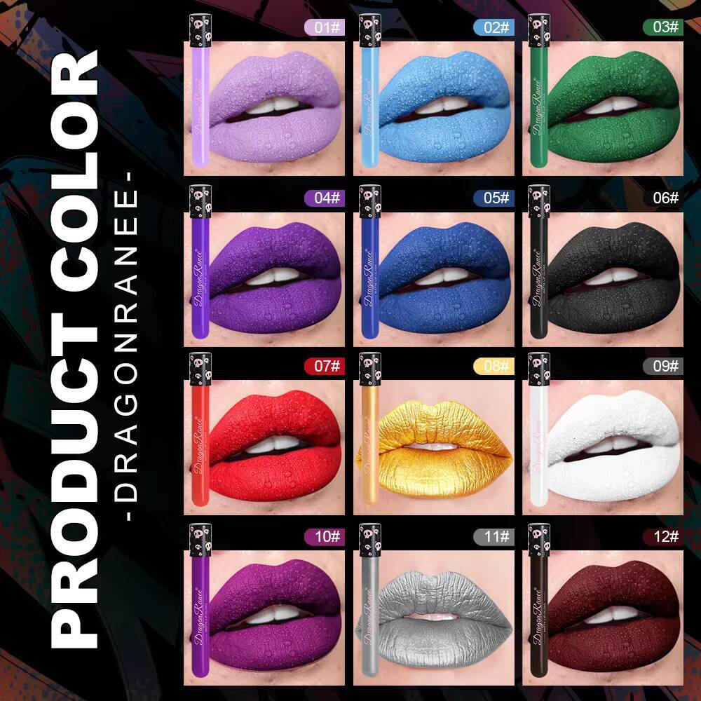 Waterproof Matte Black White 12 Color Lasting Pigment Green Purple Liquid Lipstick Christmas Halloween Lip Gloss Makeup happy