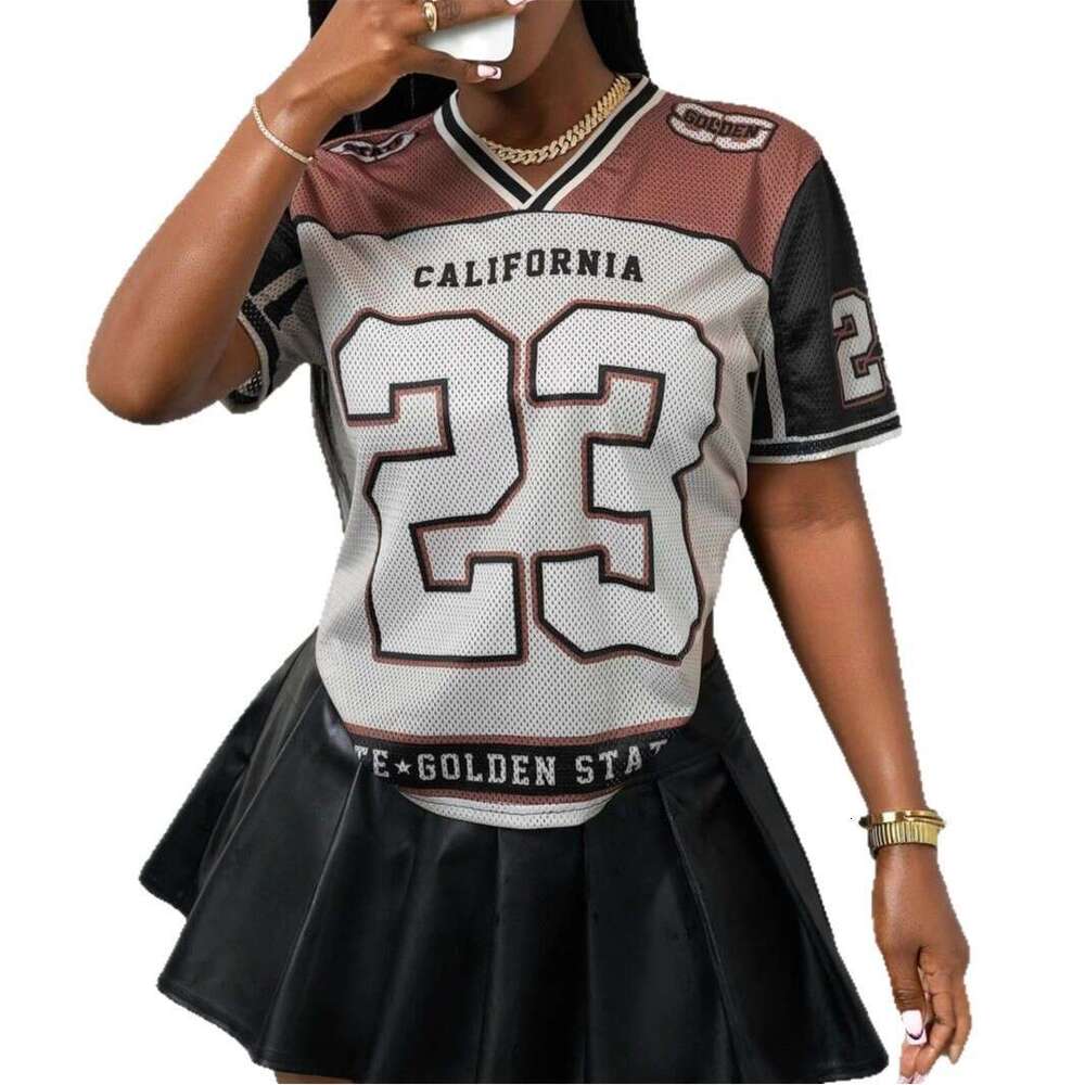 American Street Style Color Block Number Print Sheer Loose Short Sleeve Top For Women B5