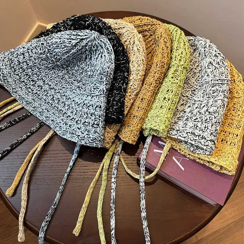 New Arrival Korean Mixed Color Woven Strap Bucket Hat Summer Breathable Hollow Casual Versatile Sunshade Foldable Knitted Sun Cap for Women U250616