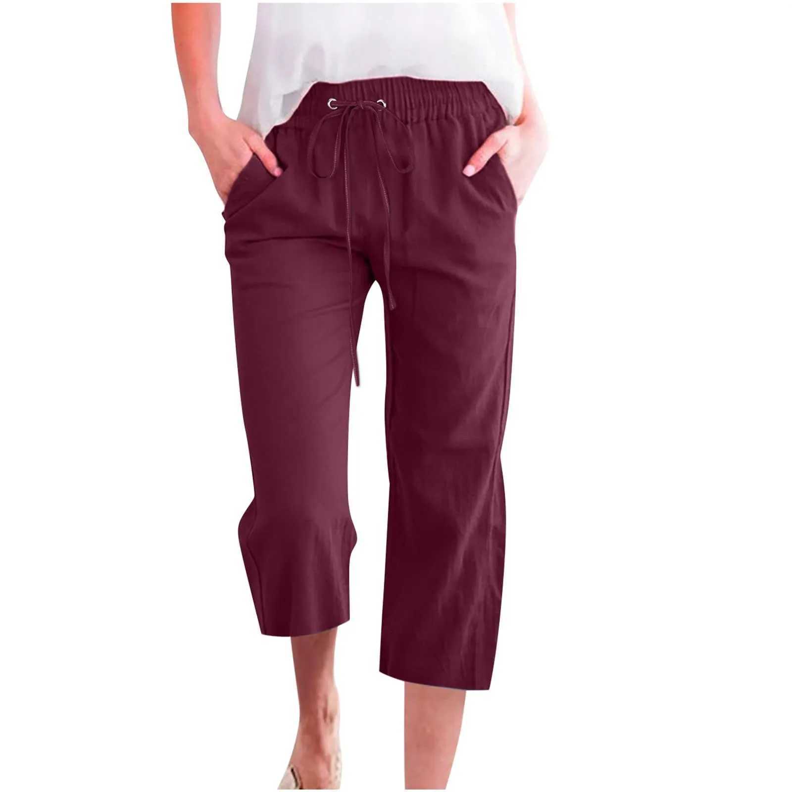 Pants For Women Casual Summer Solid Color Elastic High Waist Cotton And Linen Loose Pants Drstring Pocket Mid Leg PantsXJ250616