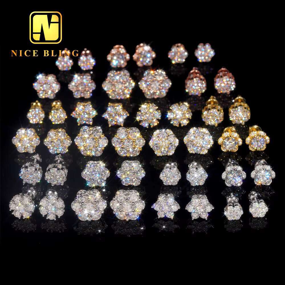 Ready to Ship FULL SIZES Moissanite Flower Stud Earrings Cluster Ear Studs Pass Diamond Tester Hip Hop 925 Silver Gold Plated