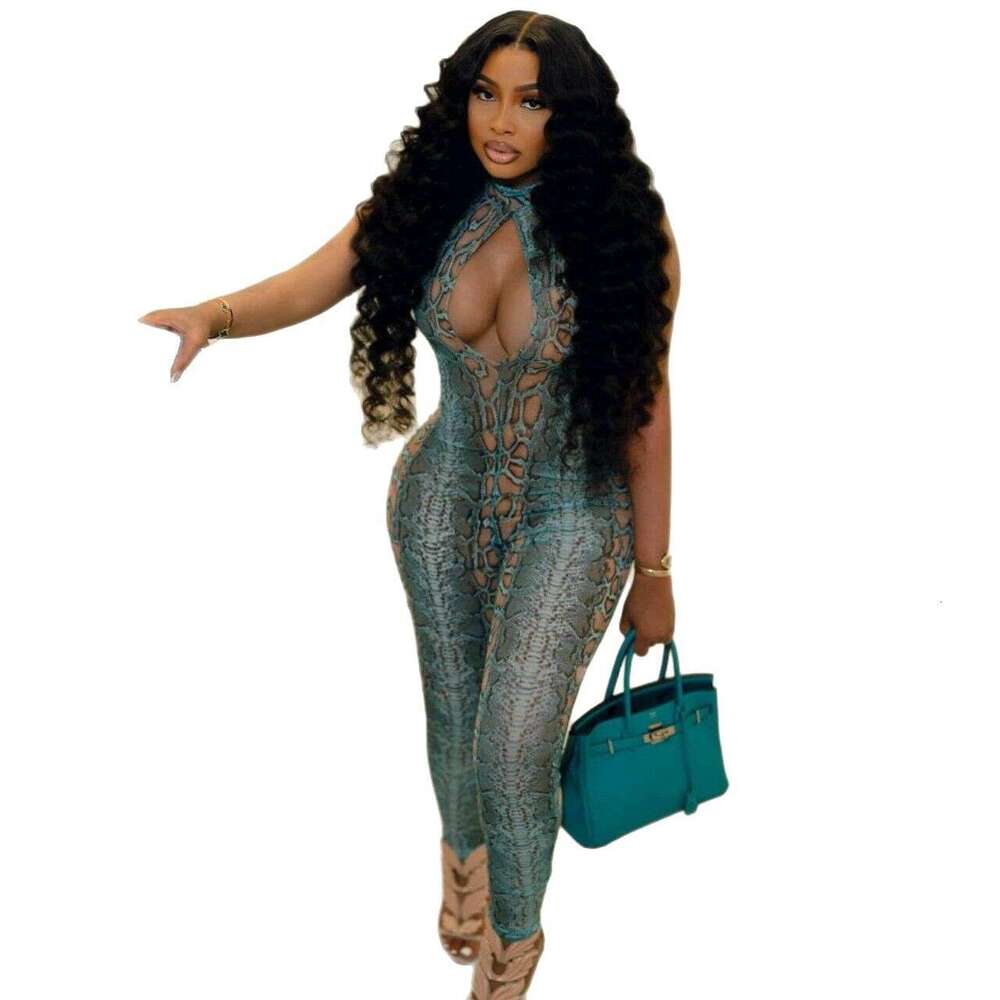 Summer New Sexy Hollow Animal Print Halter Neck Jumpsuit For Women B5