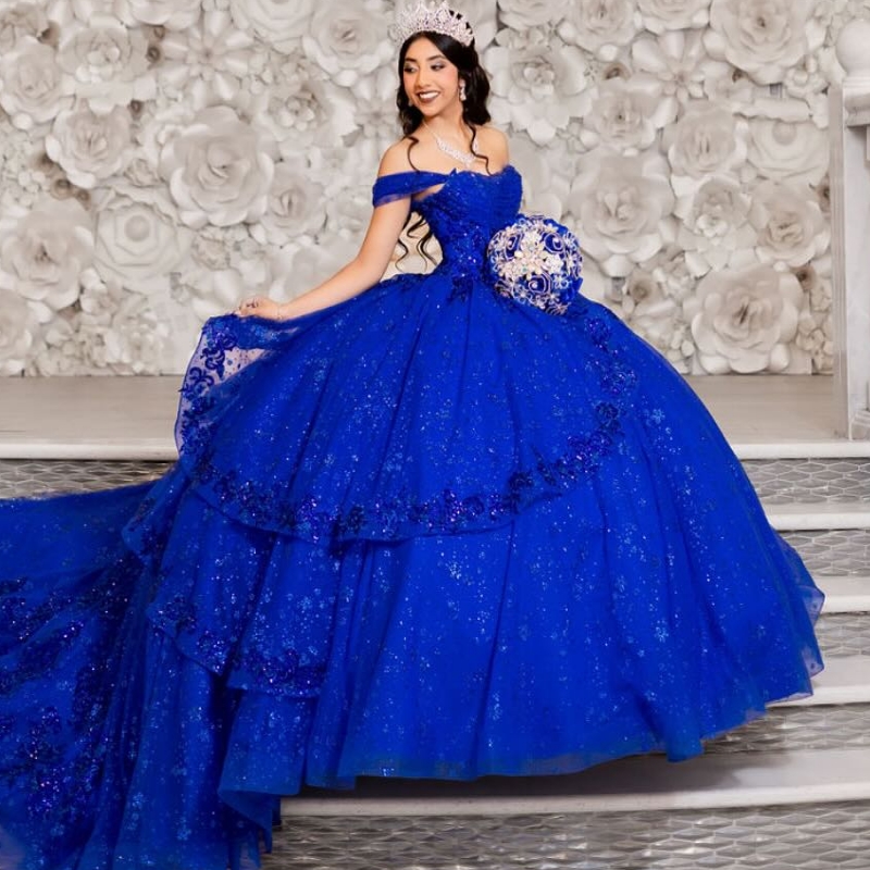 Royal Blue Quinceanera Dresses Ball Gown Off The Shoulder Sequin Applique Lace Beading Crystal Tull Sweet 16 Dress Vestidos 15 De Anos