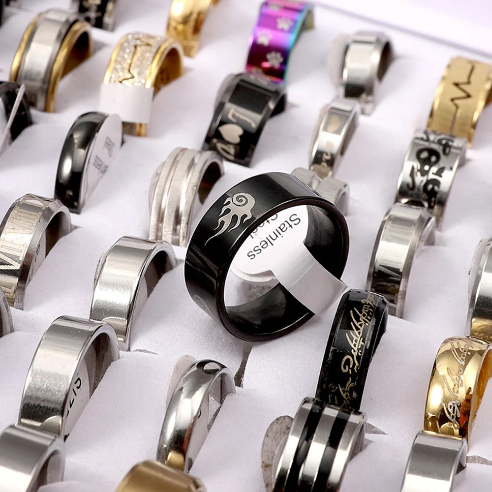 Fashion Jewelry Wholesale 100pcs/Lots Stainless Steel Rings Party Gift Wedding Rings Mix Style Mens Rings 250701