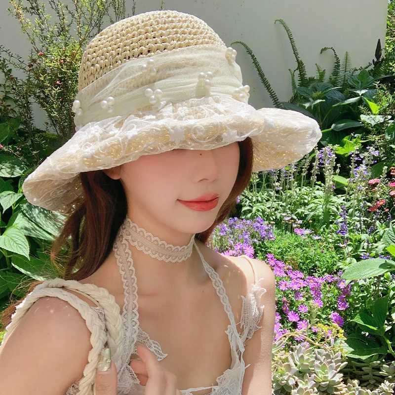 Womens Summer Hat Lace Ribbon Bow Flower Beads Big Brim Sunscreen Bucket Hat Sunshade Beach Accessories New M250616