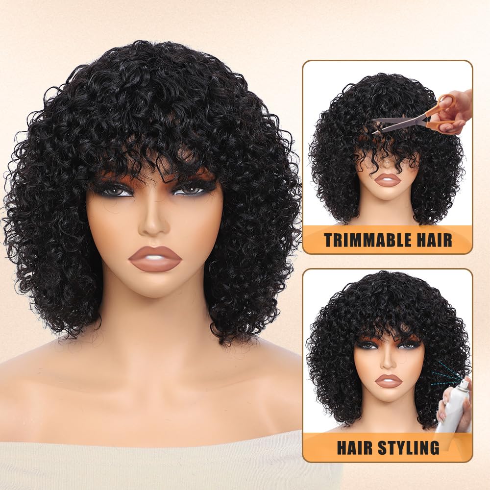 human wigs 200% density short kinky curly wave wig with bangs for black women 100% brazilian virgin human hair wigs machine made glueless wig natral b
