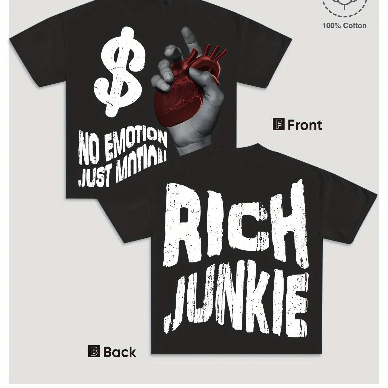 Home Relaxation| Mens Y2K Style Rich Junkie No Emotion Just Motion Cotton T-Shirt - Dual-Sided Graphic Print 250614