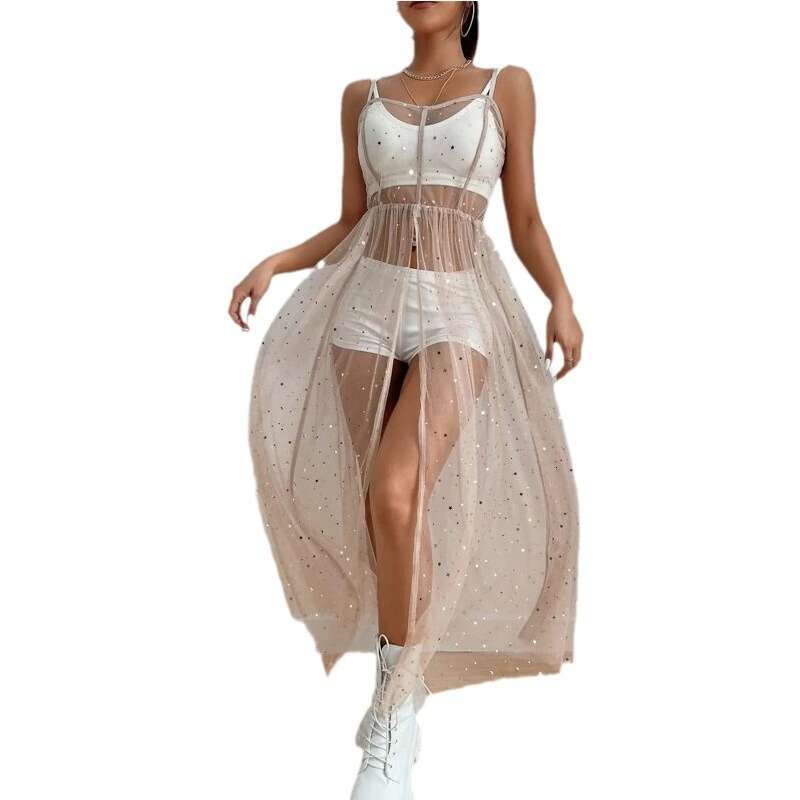 Ins Style Street Spaghetti Strap Bikini Cover-Up Star Sheer Mesh Sexy Slim Dress 2025 New Elegant Unique Fashion