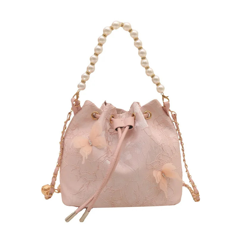 Sweet Butterfly Women Drawstring Bucket Shoulder Bags Versatile Ladies Crossbody Bag Clutch Fashion Girls Pearl Chain Handbags 250614