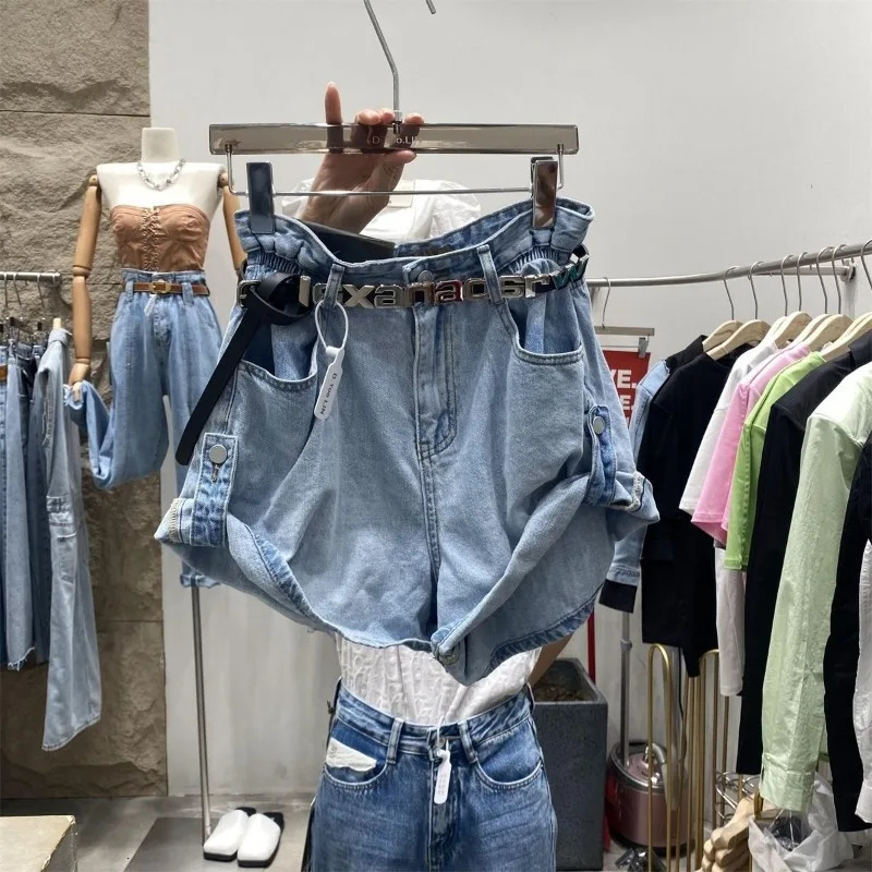 tie High Waist Appear Thin Denim Shorts Women Summer Simplicity Office Lady Wide Leg Fashion Loose All-match Casual Straight 250609