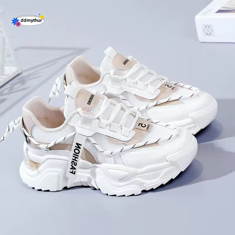 2025 Spring Summer New Versatile Student White Shoes Thick Sole Mesh Women's Running Sneakers ddmythur