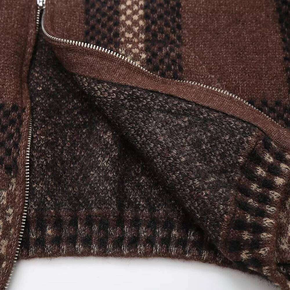 BMURHMZA Autumn/Winter New Product Women's Fashion Collar Long Sleeve Checkered Knitwear Cardigan Sweater Coat