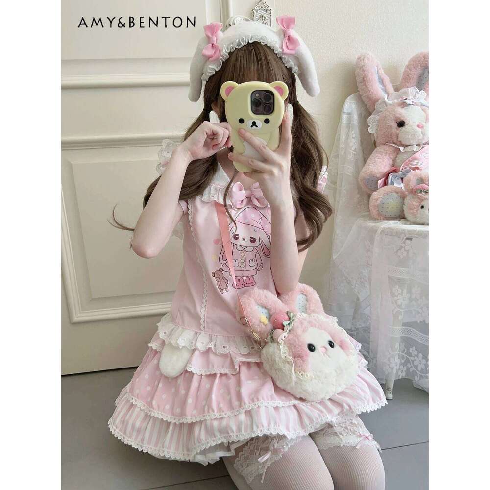 Kawaii Girl Sets Original Sweet Cute Cartoon Print Lace Navy Collar Sleeveless Top Multi-Layer Tutu Skirt Two-Piece Set