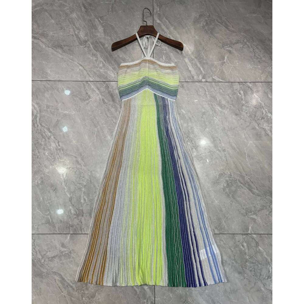 2025 New Women Halter Neck Knitted Long Dress Metallic Sequined Striped Sleeveless High Waist Holiday Ladies Robe
