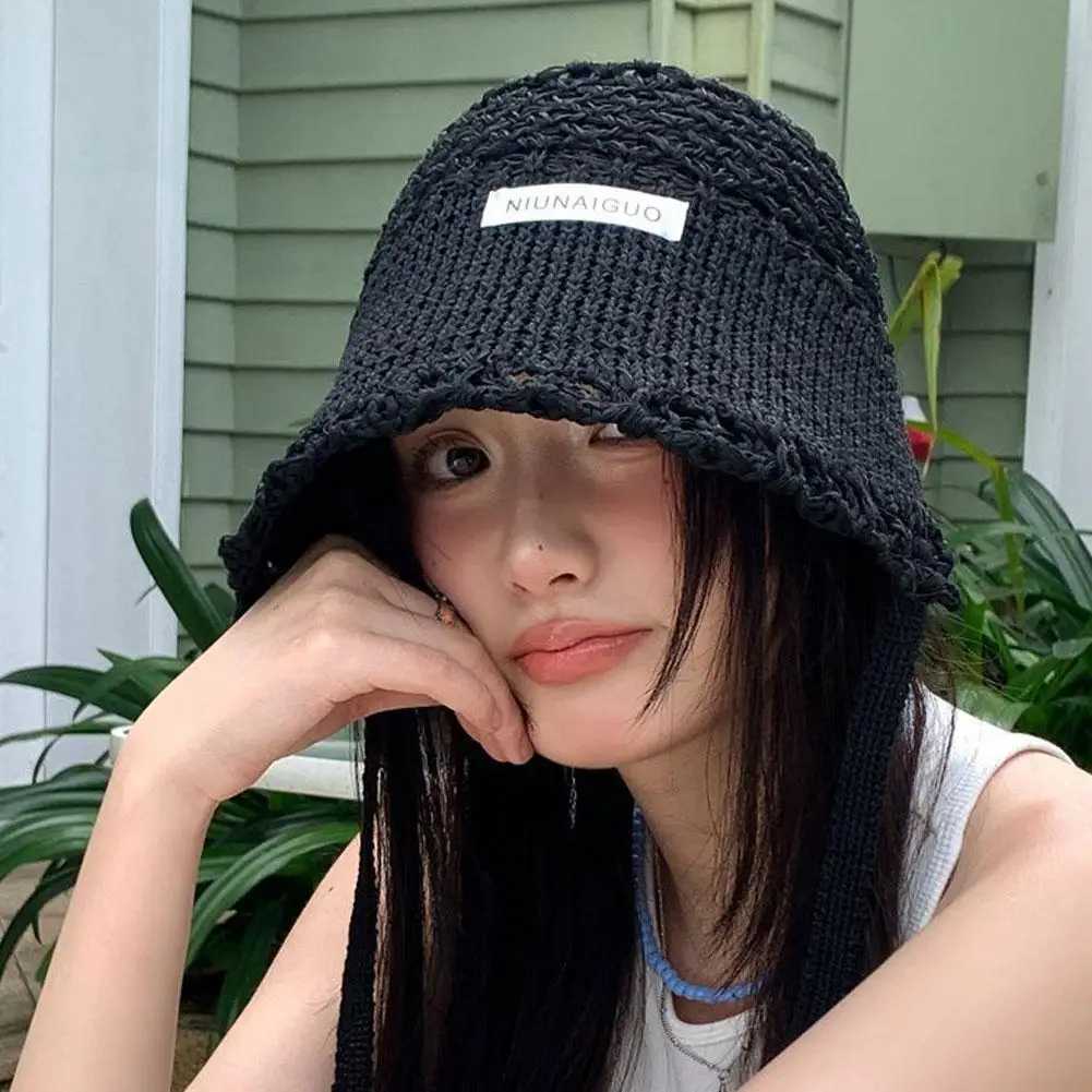 Korean Style Womens Fisherman Bucket Hat Breathable Lace-Up Sun Hat with Wide Brim Lightweight Knitted Summer Beach Hat M250616