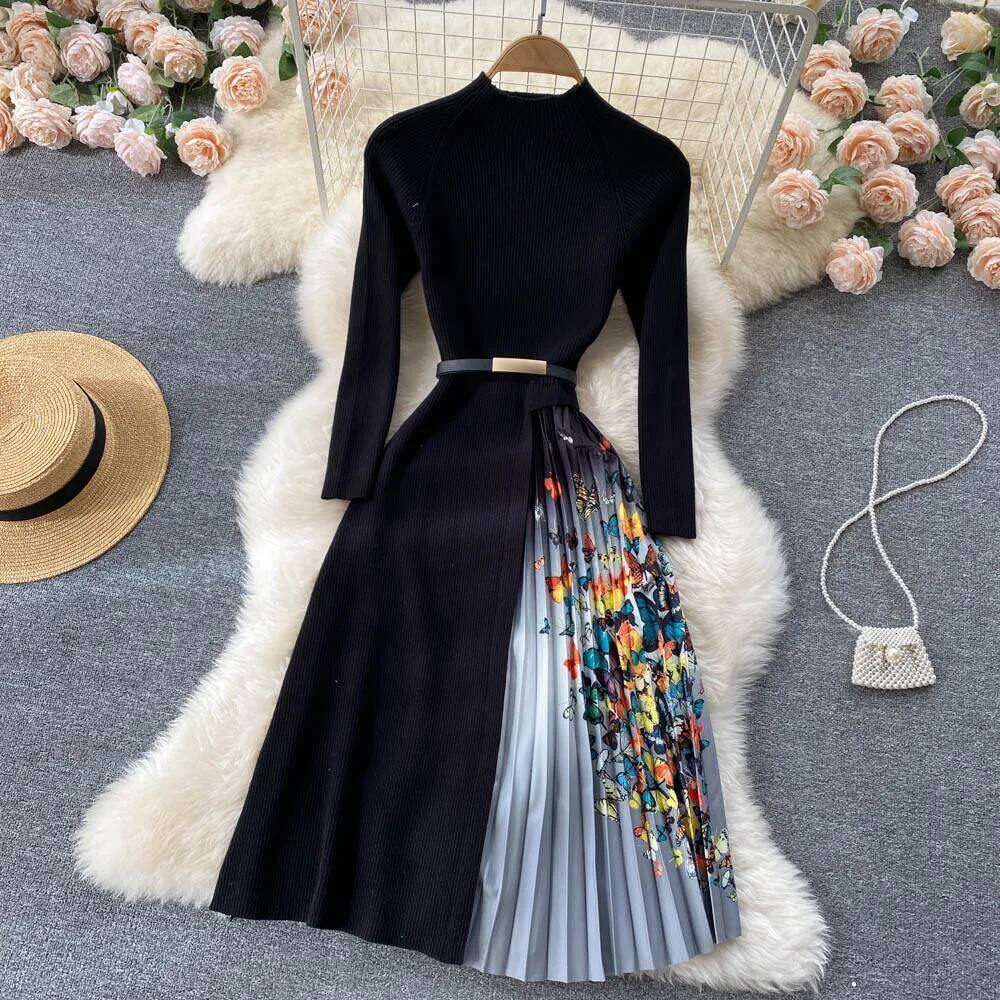 SINGREINY Women Elegant French Design Splice Gradient Pleated A-line Knitted Dresses Autumn Fashion Streetwear Midi Dress