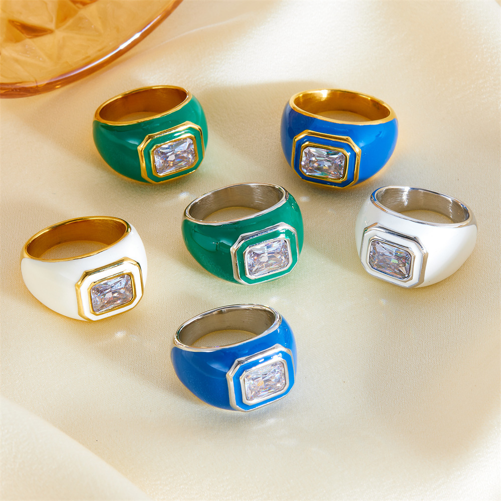 Fashion Style Personality Versatile Square Zircon Enamel Drip Oil Color Titanium Steel Non-Fading Ring