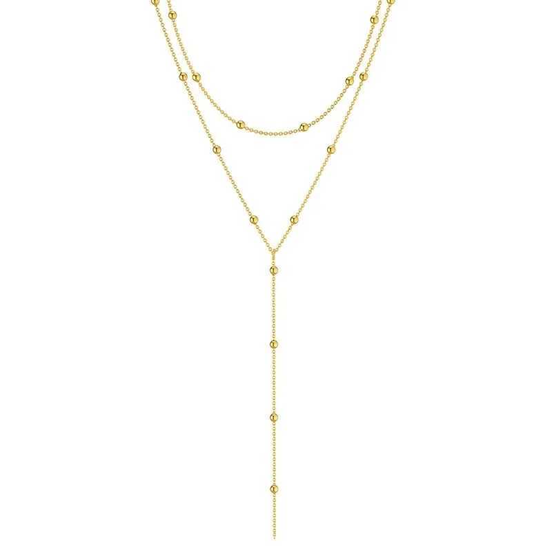 LATS Gold Color Double Layered Long Tassel Chain Necklaces for Women Simple Metal Geometric Bead Choker Necklace Fashion Jewelry W250616