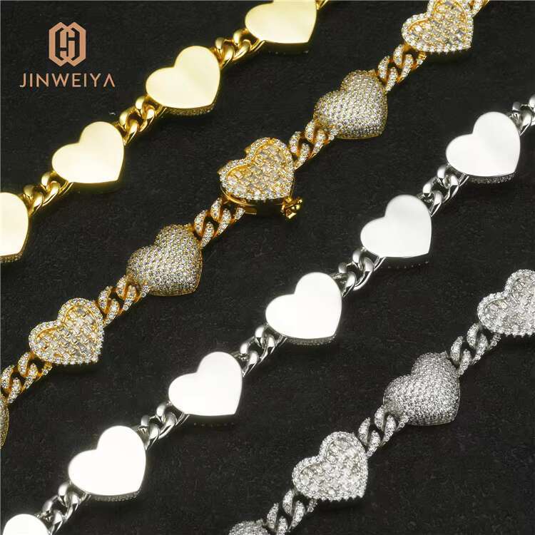 Unique Copper Iced out Hip Hop Heart Cuban Link Necklace Set Gold Plated Brass Jewelry Chain with Zircon Stone Heart