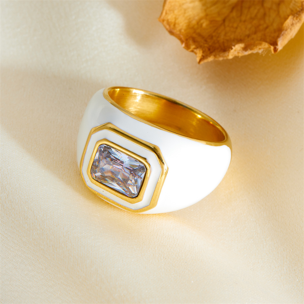 Fashion Style Personality Versatile Square Zircon Enamel Drip Oil Color Titanium Steel Non-Fading Ring