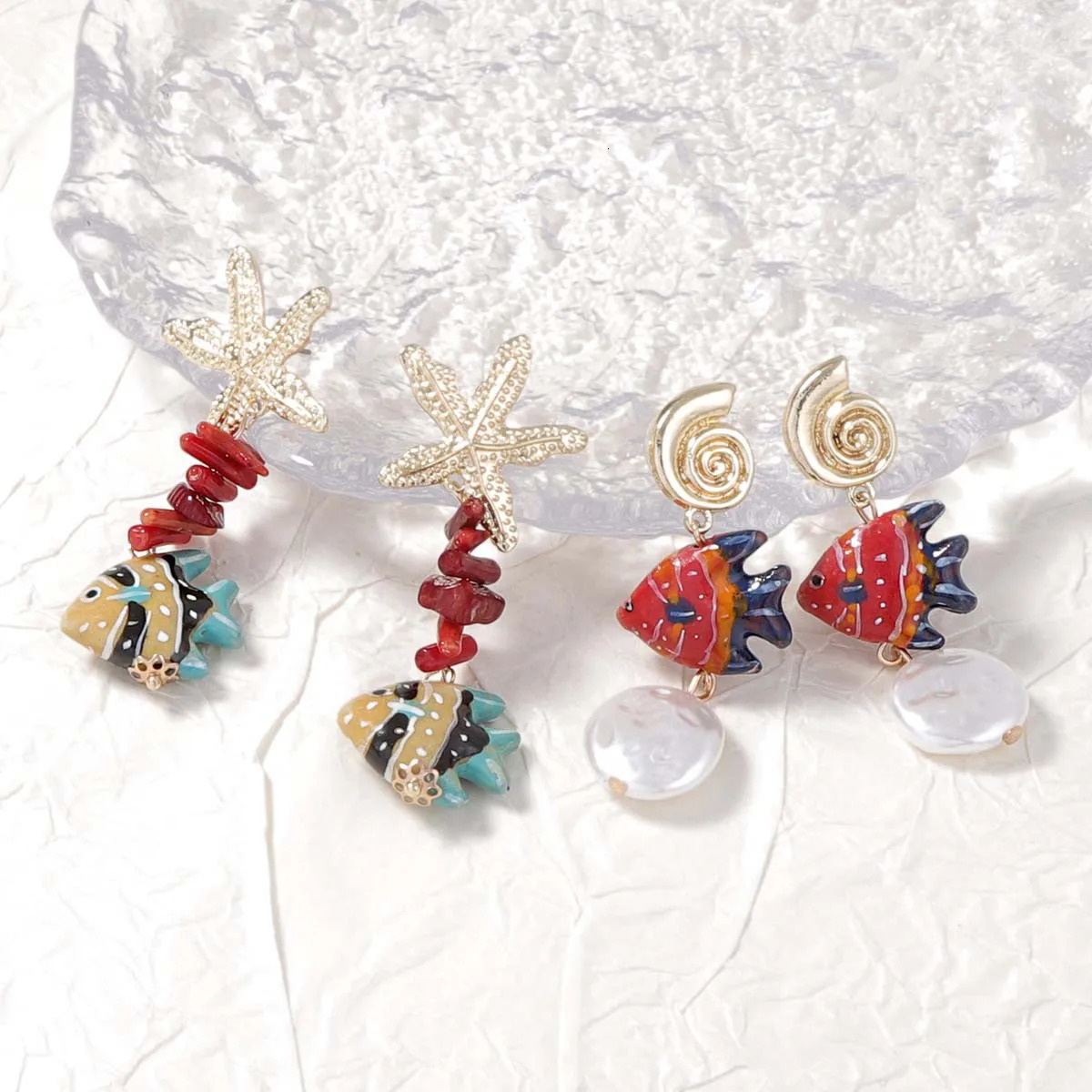 Alloy Sea Star Conch Colored Fish Long Earrings 250610