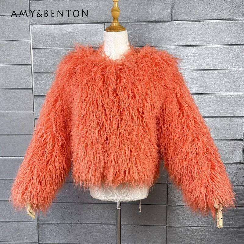 2024 New Solid Color Beach Sheep Wool Autumn And Winter Women's Long-sleeved Short Fashion Fur Jacket Imitation Furry Lamb Coats