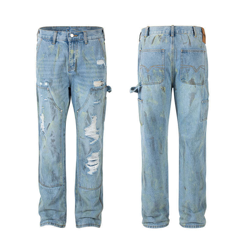 25FW American INS Style Casual Pants Loose Washed Ripped Ink Splash Logging Jeans for Men