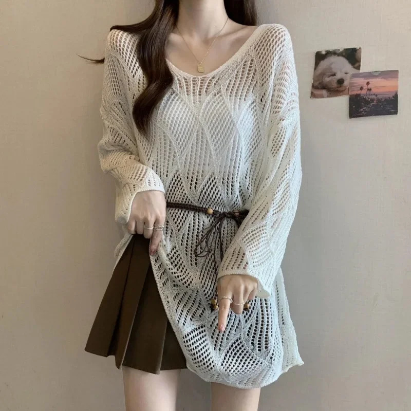 Plus Size Knitted Sweater with Belt Hollow out Fashionable Spring Summer Slimming Womens Top Full Sleeve round Neck 250614