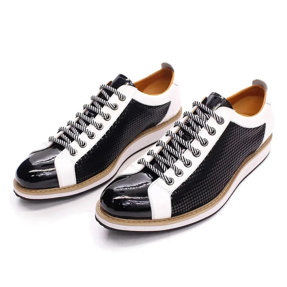 Large Size Mens Flat Sneakers 6 to 13 Patent Leather Laceup Black White Casual Shoes for Men 250612