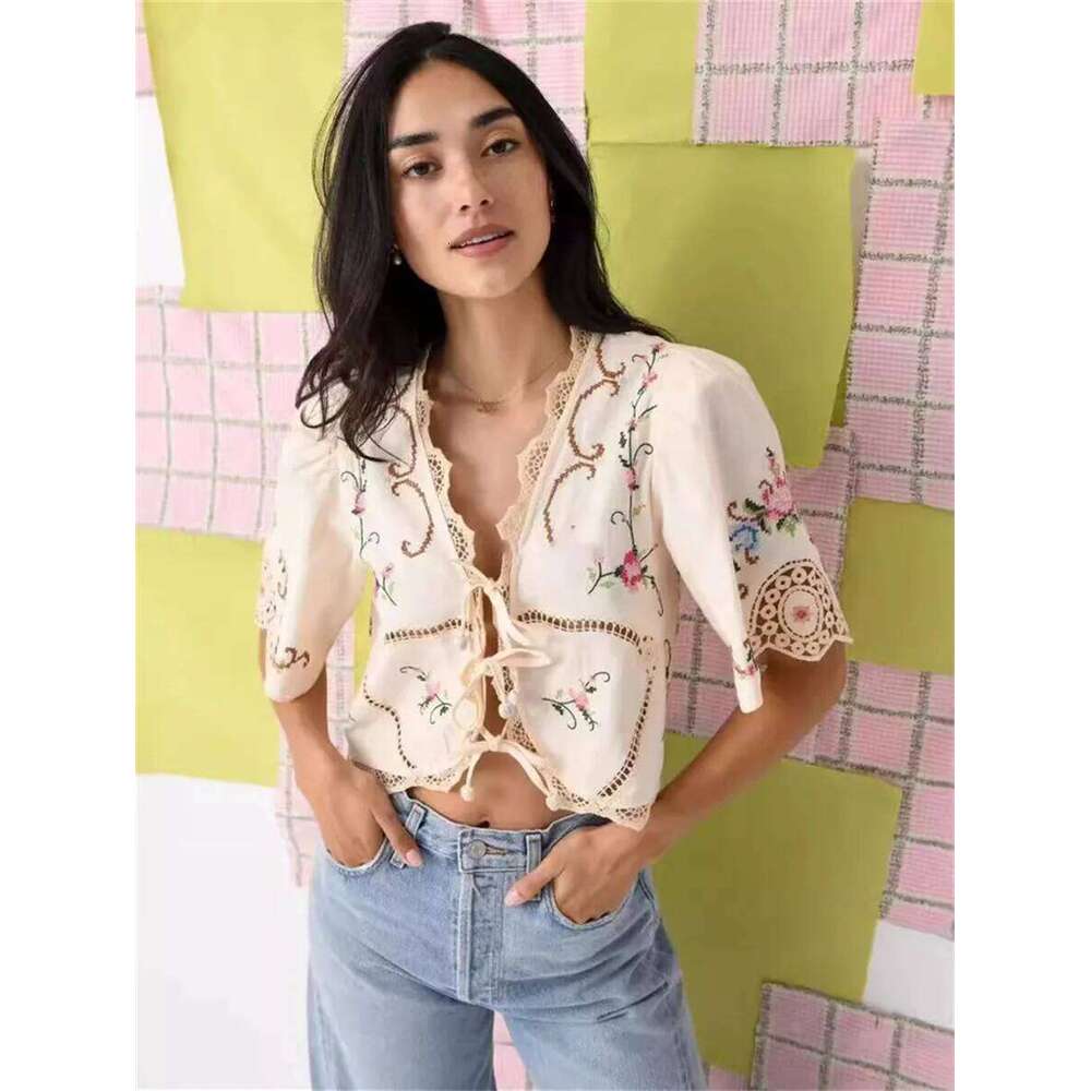 Women Floral Embroidery Short Blouse Lace-Up V-Neck Hollow Out Autumn 2024 Lady Cotton Linen Blend Sweet Fashion Shirt