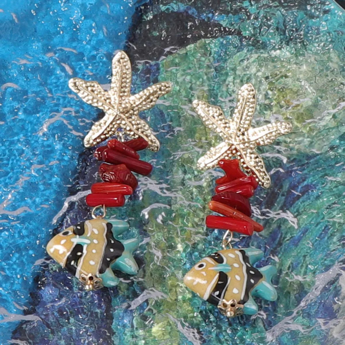 Alloy Sea Star Conch Colored Fish Long Earrings 250610