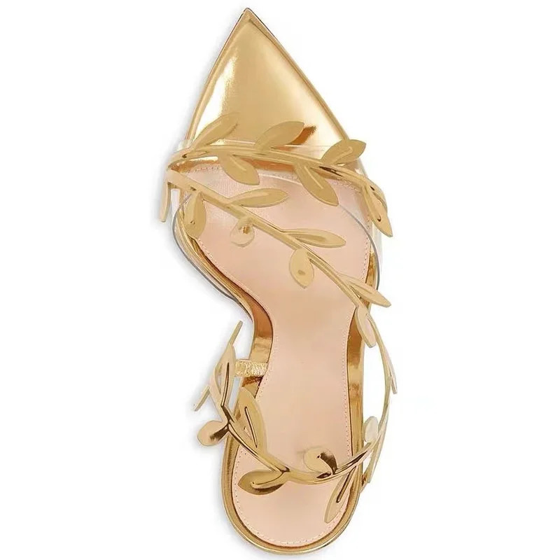 Golden Branch Jade Leaves High Heel Sandals Non-Slip Thin Heel Pointed Toe Gold Celebrity Style Transparent Rhinestone Chain 250610