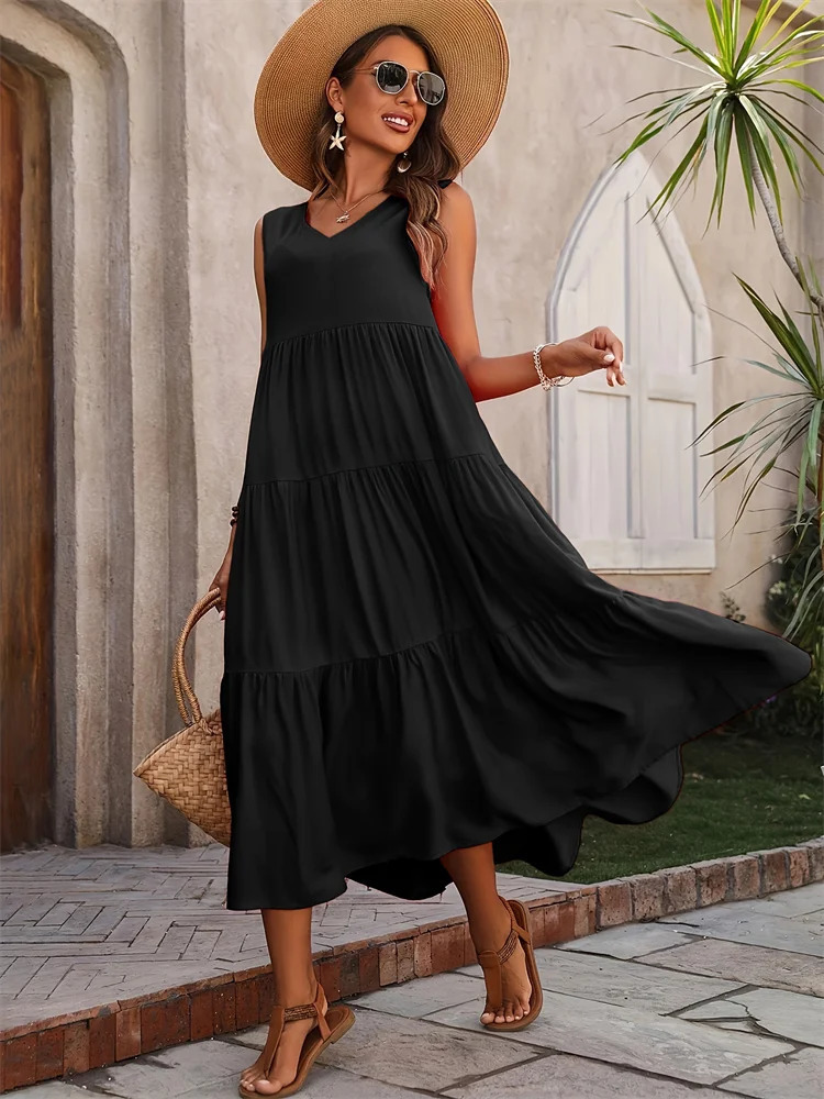 Women Dress Summer Casual Vacation Holiday Beach Long Dresses V-neck Loose Elegant Yellow Black RUFFLES Dress Femme 250614
