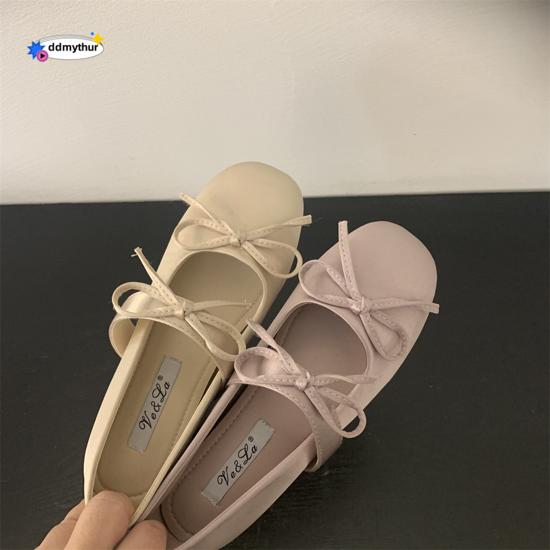 4CM Height Increase~ Thick Sole Satin Bowknot Single Shoes for Women Spring and Autumn Gentle Versatile Matching Skirt Ballet Flats ddmythur