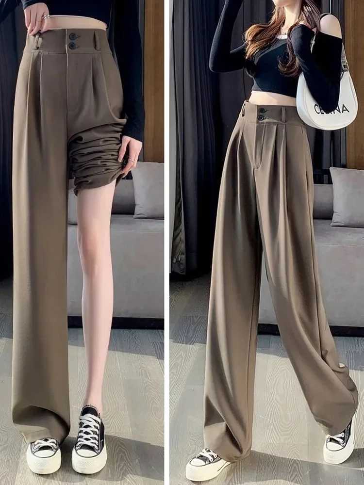 2024 Women Chic Designer Suit Pants Lady Wide Straight Leg Double Button Work Daily Trousers Lady Korean Style High Waist SlacksXJ250616