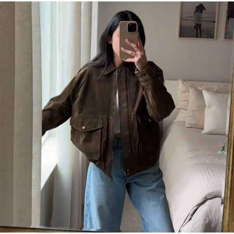 Autumn High Street Women's Coat Brown Big Pocket Long Sleeve Zipper Female Coats 2025 Fashion Turndown Collar Loose Lady Outwear