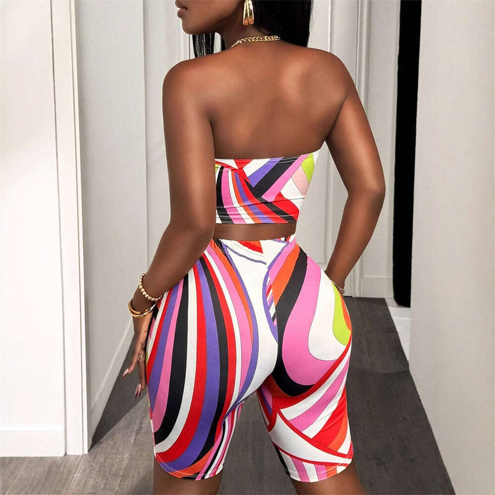 Summer Fashion Color Block Print Sexy Strapless Sleeveless Top Bodycon Short Set B5