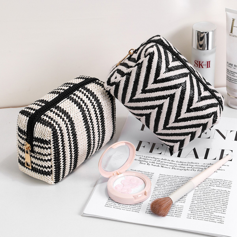 5pcs Cosmetic Bags Women Polyester Striped Ripple Printing Large Capacity Solid Travel Storge Bag