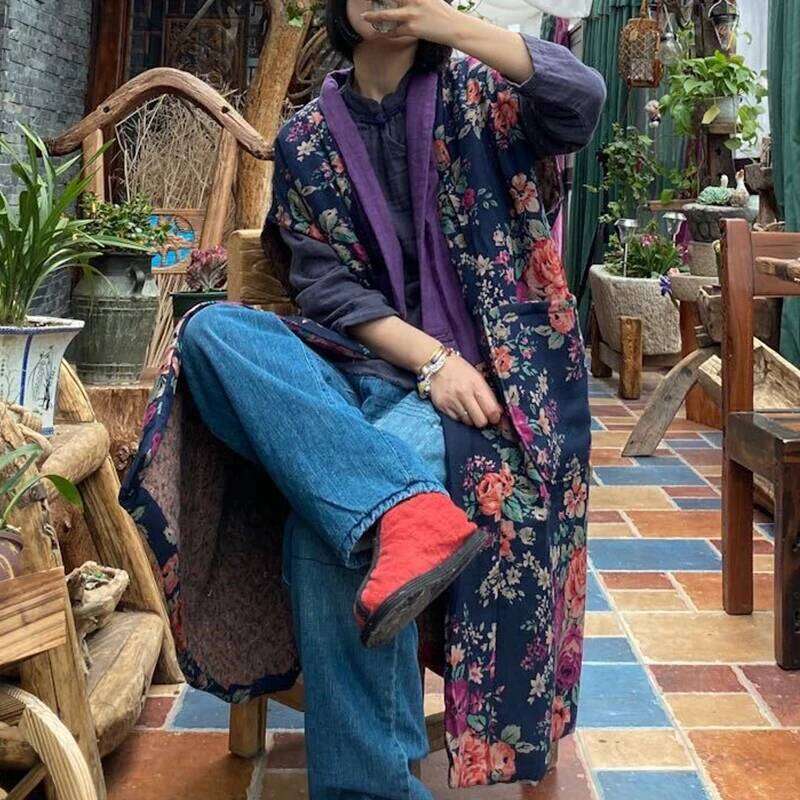 Johnature Women Cotton Print Floral Long 2024 Winter Vintage Coats Chinese Style Sleeveless V-Neck Patchwork Pocket Vests