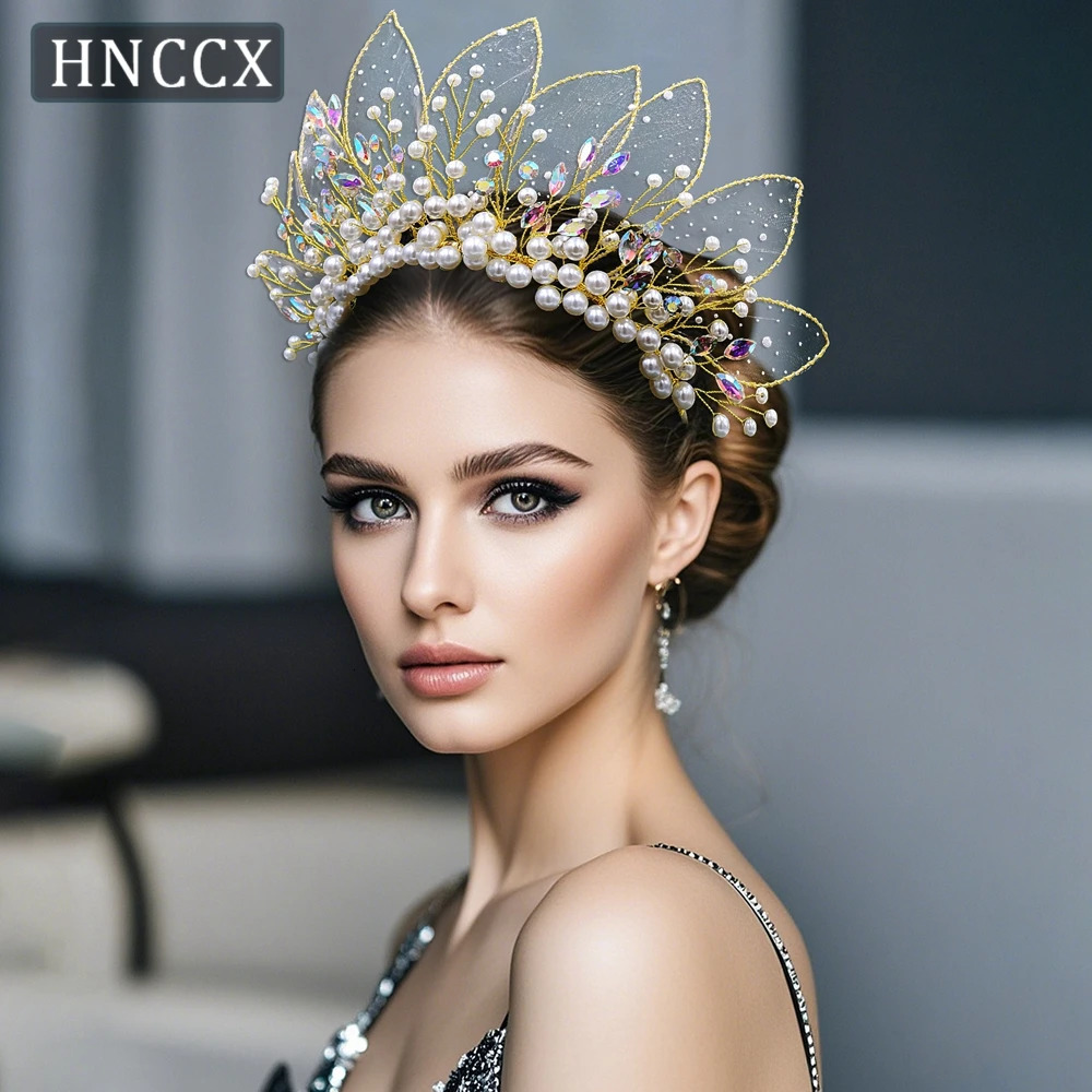 HNCCX Wedding Faux Pearl Hair Hoop Bridal Colorful Rhinestone Headband Bride Headdress Organza Leaf Headwear For Women CP670 250610