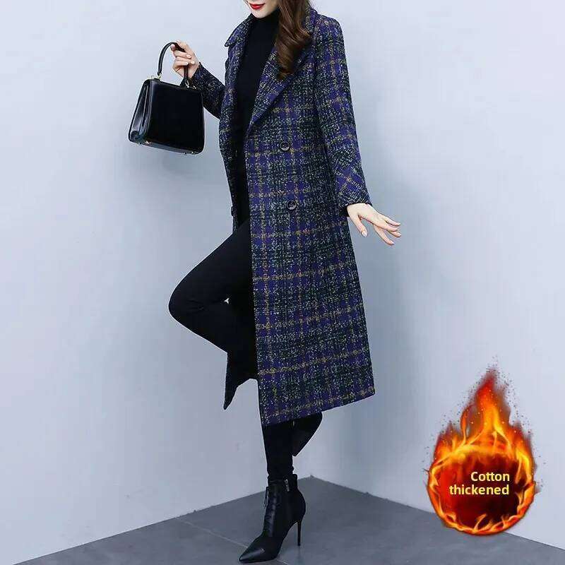 Extended Thickened Woolen Women's Autumn Winter Plaid Outerwear Fashionable Chinese Brand Style Long Coat For Ladies