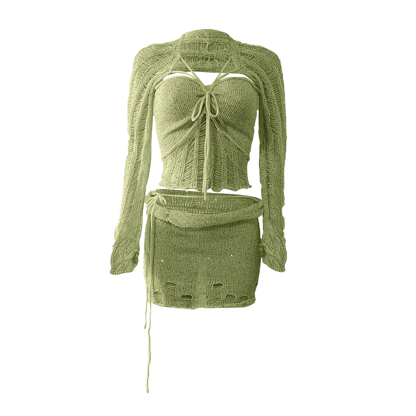 Women Crochet Knitted Dress Hollow Sequins Bandage Sexy Crop Tops Elegant Knit Sequin 2 Piece Set Outfit Winter Suit 250609