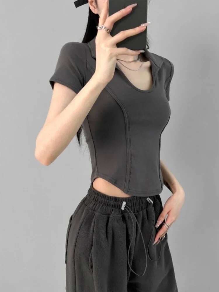 Polo Neck Shirt for Women Cotton Sexy Crop Top Woman T Coquette Clothes Plain New Basic Offer Comfortable Clothing Sales