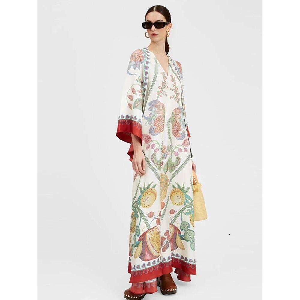 Casual Flower Printed Lace Up Women Dress V-neck Flare Sleeve Loose Female Maxi Dresses 2024 Spring Summer New Chic Lady Robe