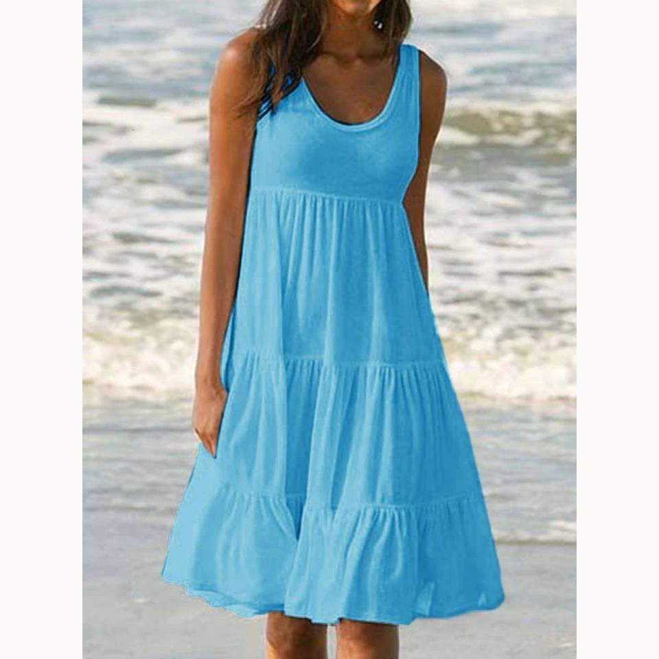 Women Casual O Neck Sleeveless Ruffles Mini Dress Boho Solid Beach Sundress Oversized Loose Dress Summer 250609